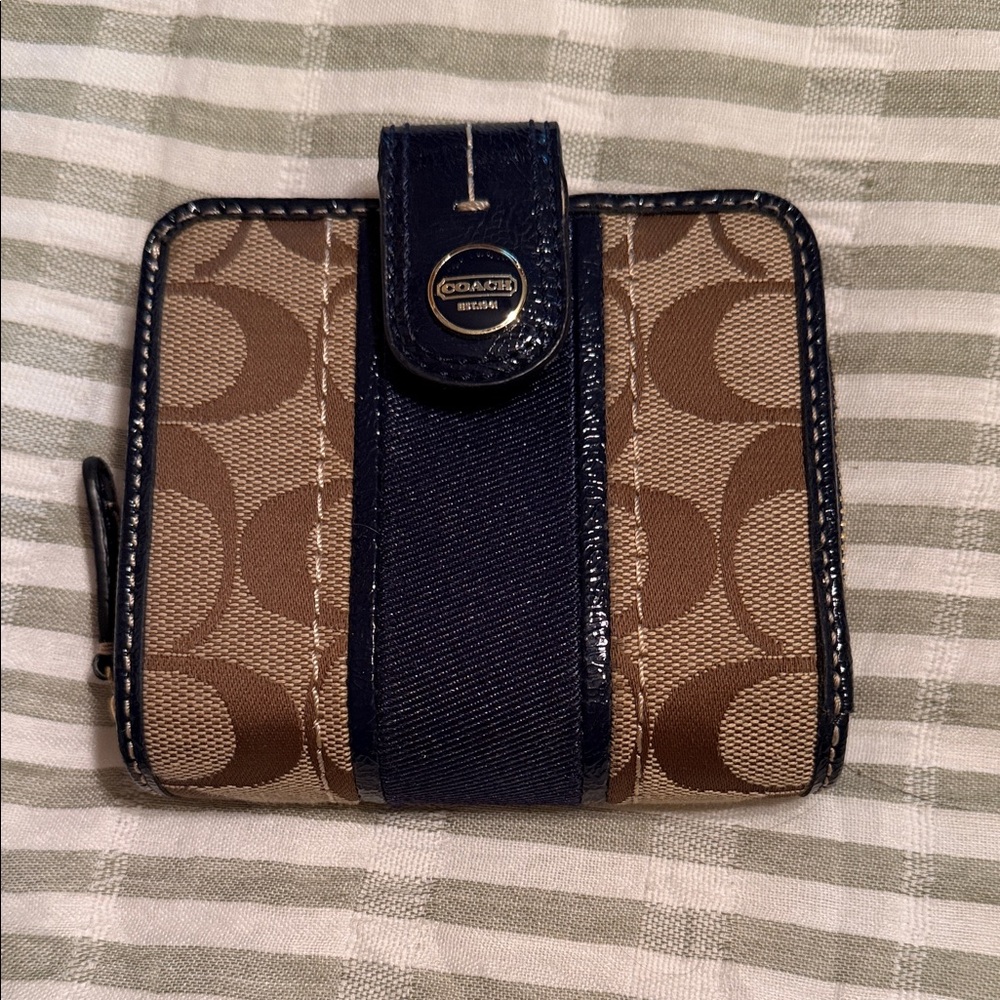 Coach Brown Signature Canvas Wallet with Navy Trim